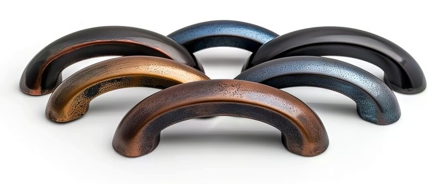 Curved furniture handles in a variety of metallic finishes. Array of cabinet pulls on a clean white background. Concept of custom furniture design, hardware selection, and interior detailing.
