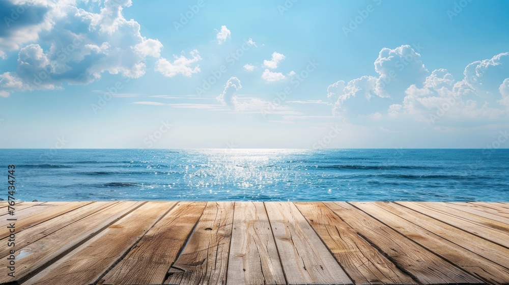 Wall mural Beautiful view of wooden pier with the sea and blue sky landscape background. AI generated image