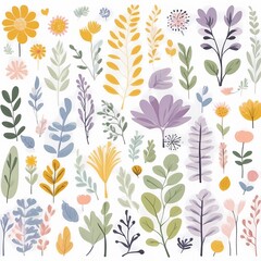 A collection of seamless pattern, colorful abstract plants and flowers. Hand drawn Collection of leaves and flowers. A close up of a pattern of flowers and leaves.
