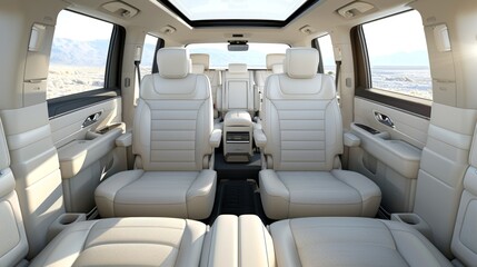 A panoramic view inside a empty family SUV, with spacious white interior, comfortable seating for multiple passengers, and practical storage solutions. Concept of travel, family road trips