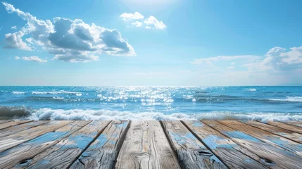Schilderijen op glas Beautiful view of wooden pier with the sea and blue sky landscape background. AI generated image © saifur