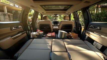 Comfortable and spacious interior of a family SUV. The vehicle is primed for family adventures. Concept of robust family travel, spacious comfort, and exploration. - obrazy, fototapety, plakaty