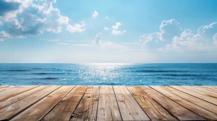 Obraz premium Beautiful view of wooden pier with the sea and blue sky landscape background. AI generated image