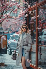 Obraz na płótnie Canvas a woman standing on a sidewalk with pink flowers