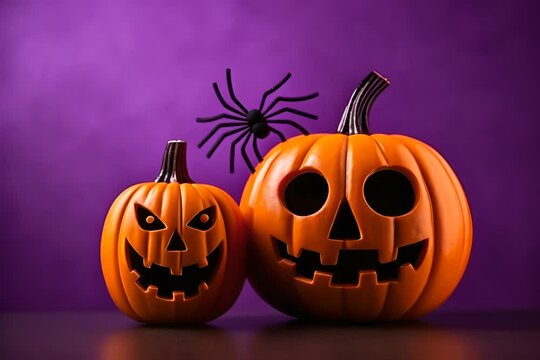 Two carved Halloween pumpkins with scary faces on a purple background, accompanied by a black spider decoration.