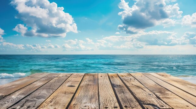 Beautiful view of wooden pier with the sea and blue sky landscape background. AI generated image