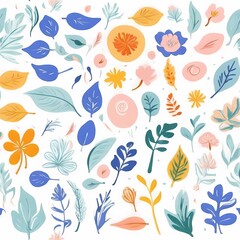 A collection of seamless pattern, colorful abstract plants and flowers. Hand drawn Collection of leaves and flowers. A close up of a pattern of flowers and leaves.
