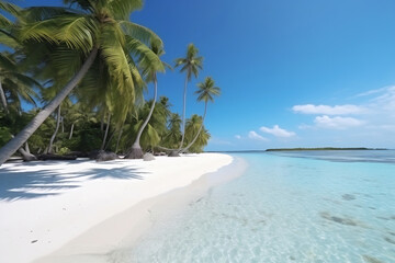 Tropical paradise beach with white sand and coco palms. Travel tourism wide panorama background concept