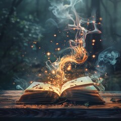 an open book with smoke coming out of it - obrazy, fototapety, plakaty