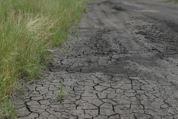 Cracked dry earth by a dirt road through farmland on the hillside
