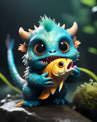 Cute little 3d monster with a fish, for 3d design, for ilustrations design, for characters design.