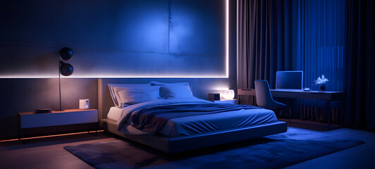 Fototapeta premium Extreme Closeup front shot of a modern bedroom, ai generative