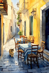 A painting featuring a cat sitting on a chair at a table. - obrazy, fototapety, plakaty