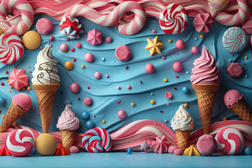 An imaginative scene amidst an abstract frame on a colorful graffiti background, featuring doodles of ice cream, candy and sweets, evokes the joy and sweetness of childhood.