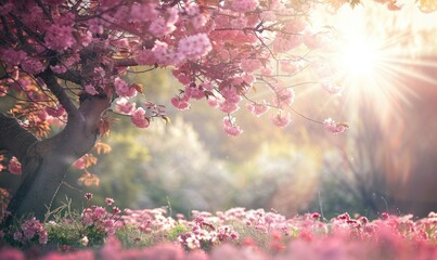 Beautiful cherry blossom sakura with lens flare effect. Spring nature background - obrazy, fototapety, plakaty