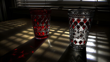  two red glass vases sitting next to each other on a table in front of a window with the sun shining through the blinds.