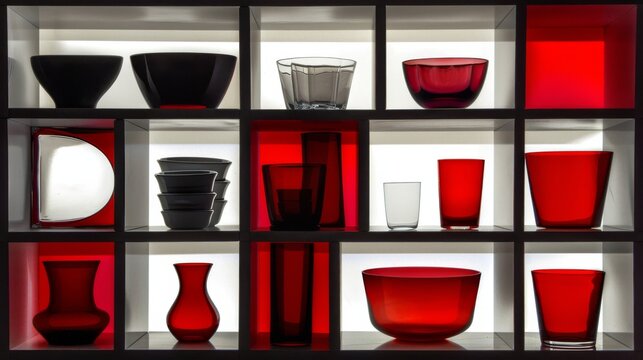  a shelf filled with lots of red and black vases and vases sitting on top of a white shelf.