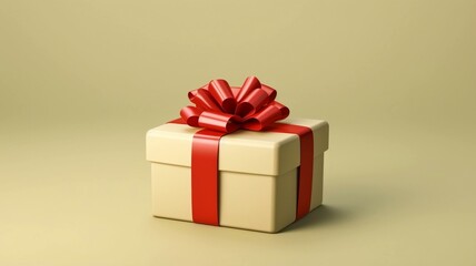 Fototapeta premium Beige Gift Box with Red Ribbon on Orange Background 