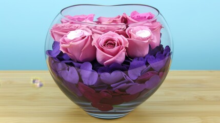  a vase filled with pink and purple flowers on top of a wooden table and a blue wall in the background.