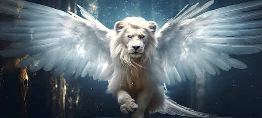 white lion fly with wings angel, ai generative