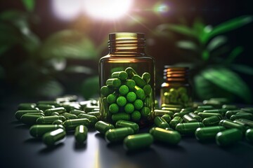 Herbal pills with bottle on background - obrazy, fototapety, plakaty