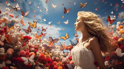 Mulher em um campo de flores cheio de borboletas  - obrazy, fototapety, plakaty