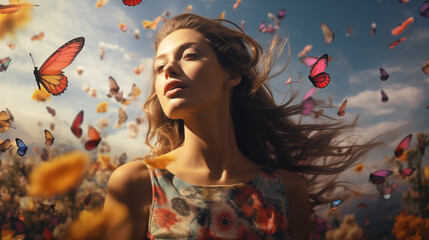 Mulher em um campo de flores cheio de borboletas  - obrazy, fototapety, plakaty