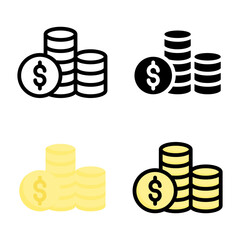 Coin icon set style collection in line, solid, flat, flat line style on white background