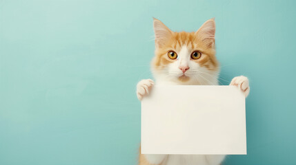 Gato segurando um cartaz em branco isolado no fundo azul - obrazy, fototapety, plakaty