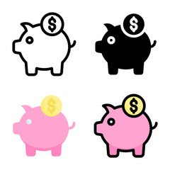 Piggy bank icon set style collection in line, solid, flat, flat line style on white background