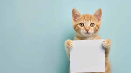 Gato segurando um cartaz em branco isolado no fundo azul - obrazy, fototapety, plakaty
