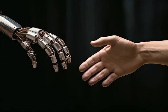 A human hand reaching out towards a robotic hand, symbolizing the intersection of humanity and technology.