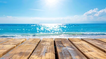 Beautiful view of wooden pier with the sea and blue sky landscape background. AI generated image - obrazy, fototapety, plakaty