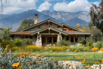 A craftsman house with a light-colored exterior, surrounded by blooming wildflowers and a scenic mountain backdrop.
