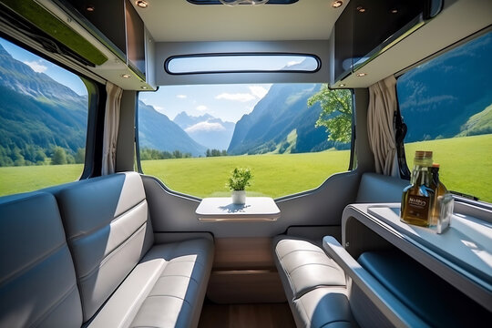 Camping trailer car interior. Rv motorhome room inside view, cozy place for living and sleeping