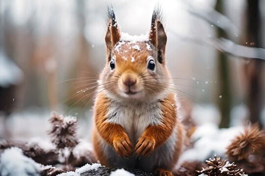 A curious squirrel in snow, looking directly at the camera with pine cones around it.
