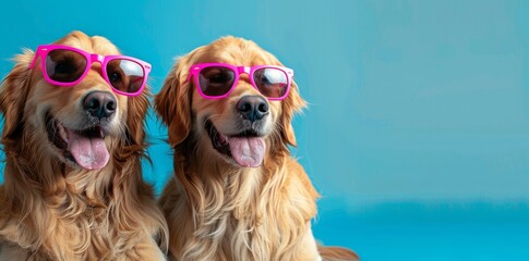 two adorable labrador retrievers posing in front of a blue wall, wearing pink sunglasses. Summer...