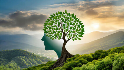 Conceptual image of human head with green tree instead of head among the mountains. Save the world. Environmentalist - obrazy, fototapety, plakaty