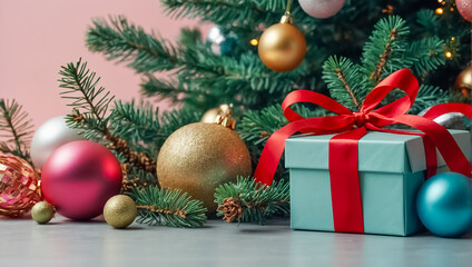 Fototapeta na wymiar gift box, Christmas tree branch, balls concept