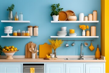 Colorful modern kitchen interior with blue walls and yellow details.