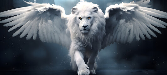 white lion fly with wings angel, ai generative