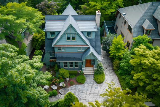 A bird's-eye perspective showcasing the timeless beauty of a charming craftsman home exterior in soft mint green, with a stone pathway.
