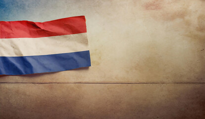 Netherlands flag on vintage grunge background with copyspace. Holland flag 
