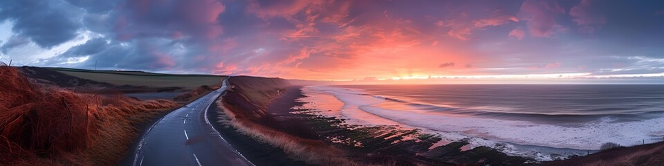 Ocean coast with highway at sunset