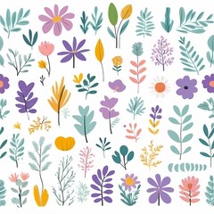 A collection of seamless pattern, colorful abstract plants and flowers. Hand drawn Collection of leaves and flowers. A close up of a pattern of flowers and leaves.
