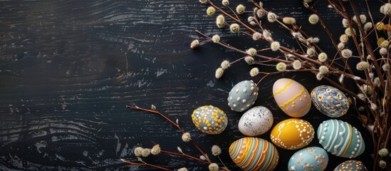 A still life arrangement of decorated Easter eggs, dry willow branches, on a black wooden background, viewed from above with space for text. - obrazy, fototapety, plakaty