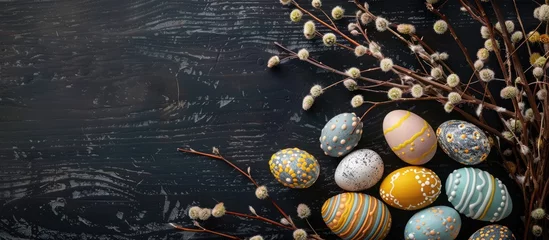 Foto op Canvas A still life arrangement of decorated Easter eggs, dry willow branches, on a black wooden background, viewed from above with space for text. © Vusal