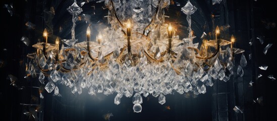 A beautiful chandelier, frozen in time, hangs from the ceiling in a dark room, its intricate design resembling a natural landscape in liquid form