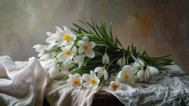 Beautiful spring bouquet of white crocus snowdrops flowers on wooden table. AI generated image