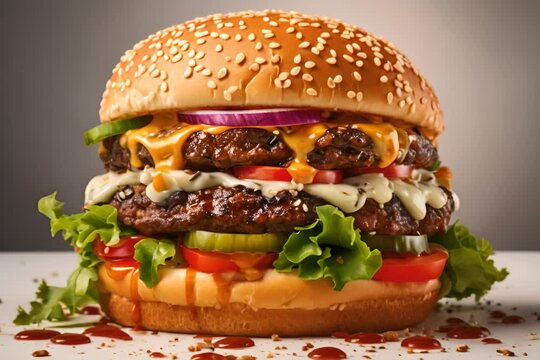 A close-up of a juicy double cheeseburger with lettuce, tomato, cheese, onions, and sauces, dripping with flavor.
